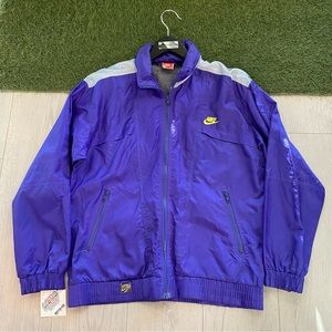 Vintage 1980s / 1990s Nike Windbreaker jacket Purplesilver/ neon embroidery+hood